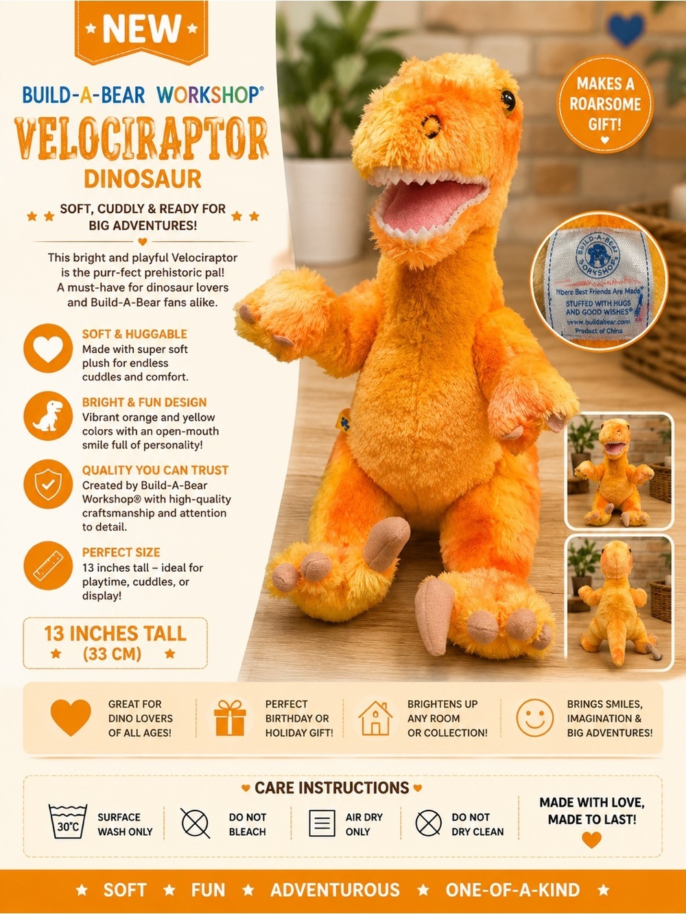 Build-A-Bear Orange and Yellow Velociraptor Plush Dinosaur